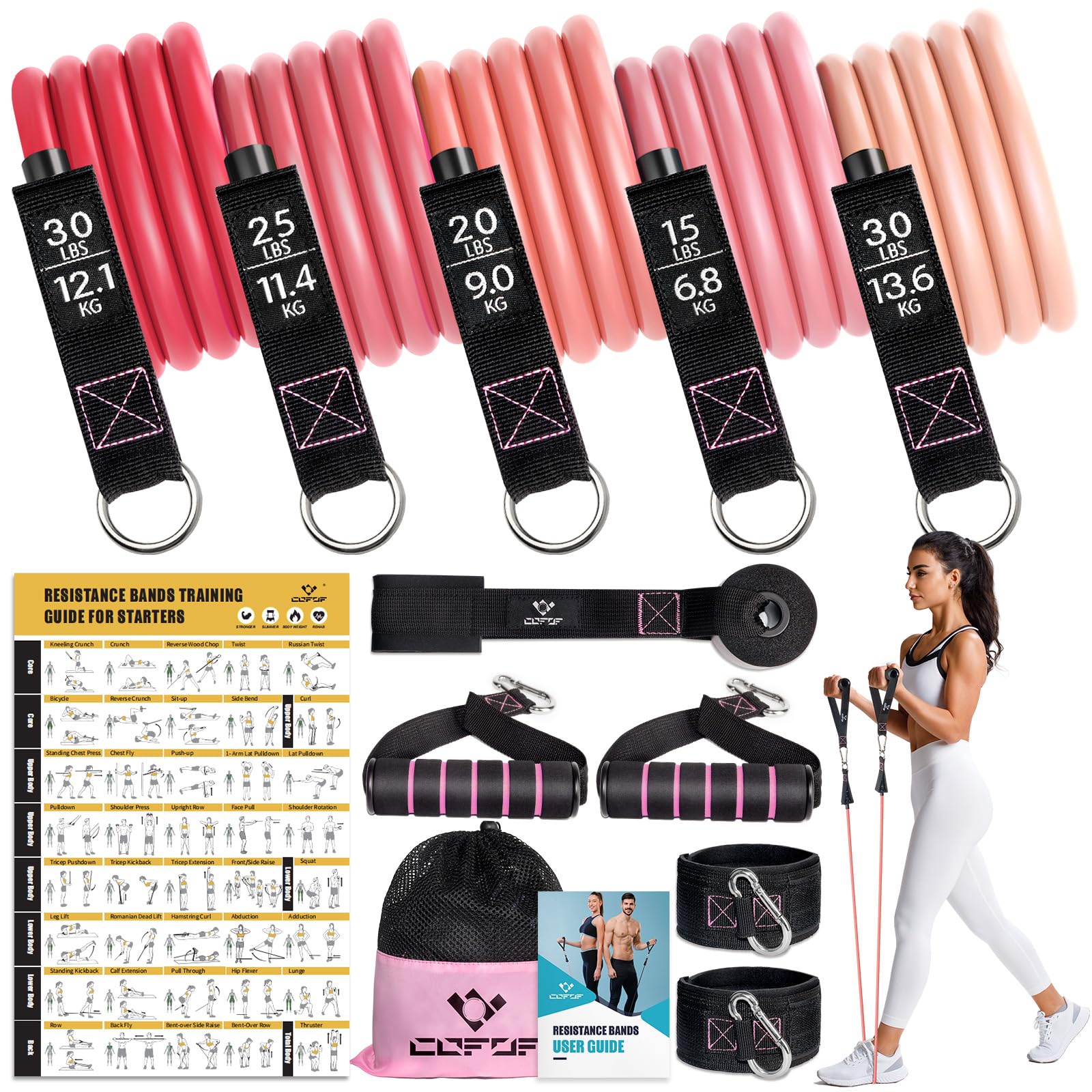 Resistance Bands with Handles for Women, 5 Level Exercise Bands Workout Bands for Physical Therapy, Yoga, Pilates, Door Anchor, Storage Pouch